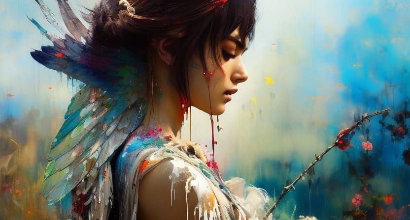 Winged Angel Portrait with Dripping Paint