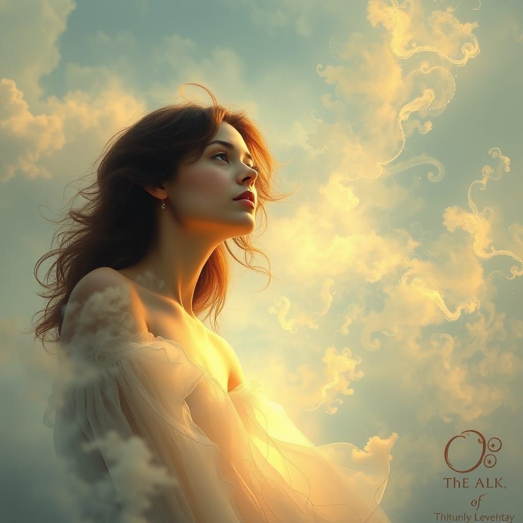 Woman Emerging from Dreamy, Ethereal Mist in Whimsical Style