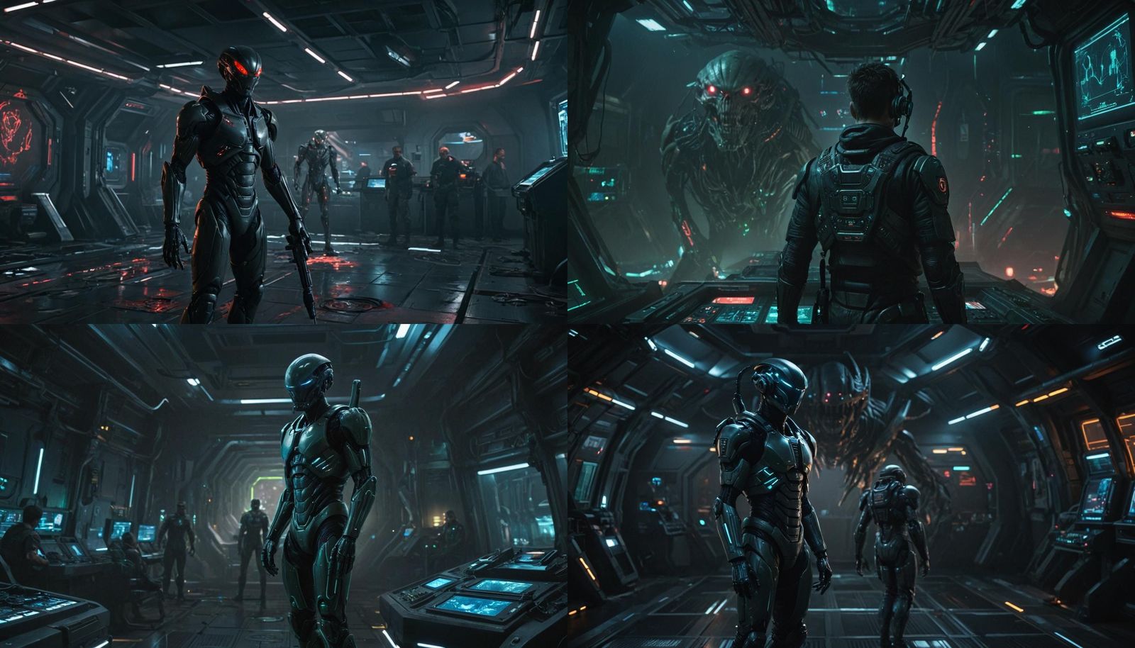 Futuristic Alien Spaceship Control Room with Human Soldier