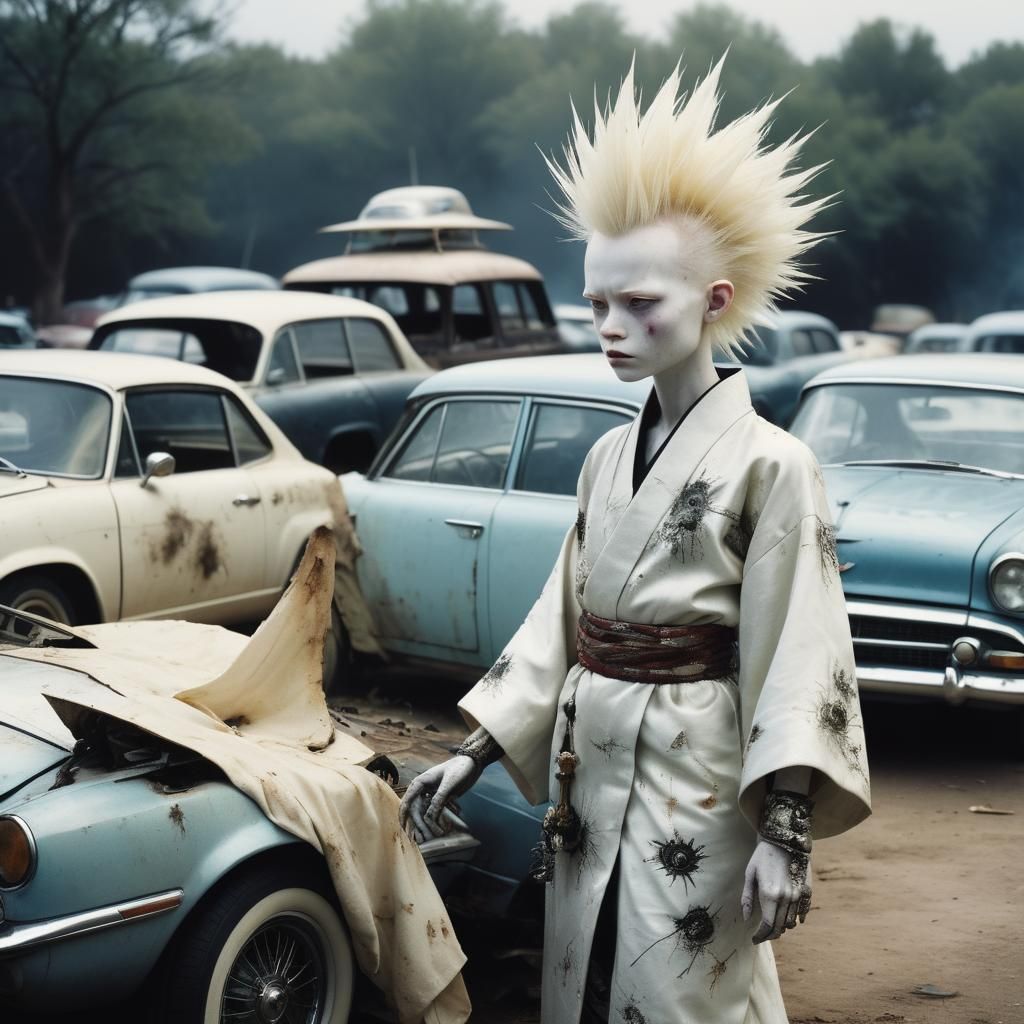 Sinister Albino Humanoid Admires Classic Cars