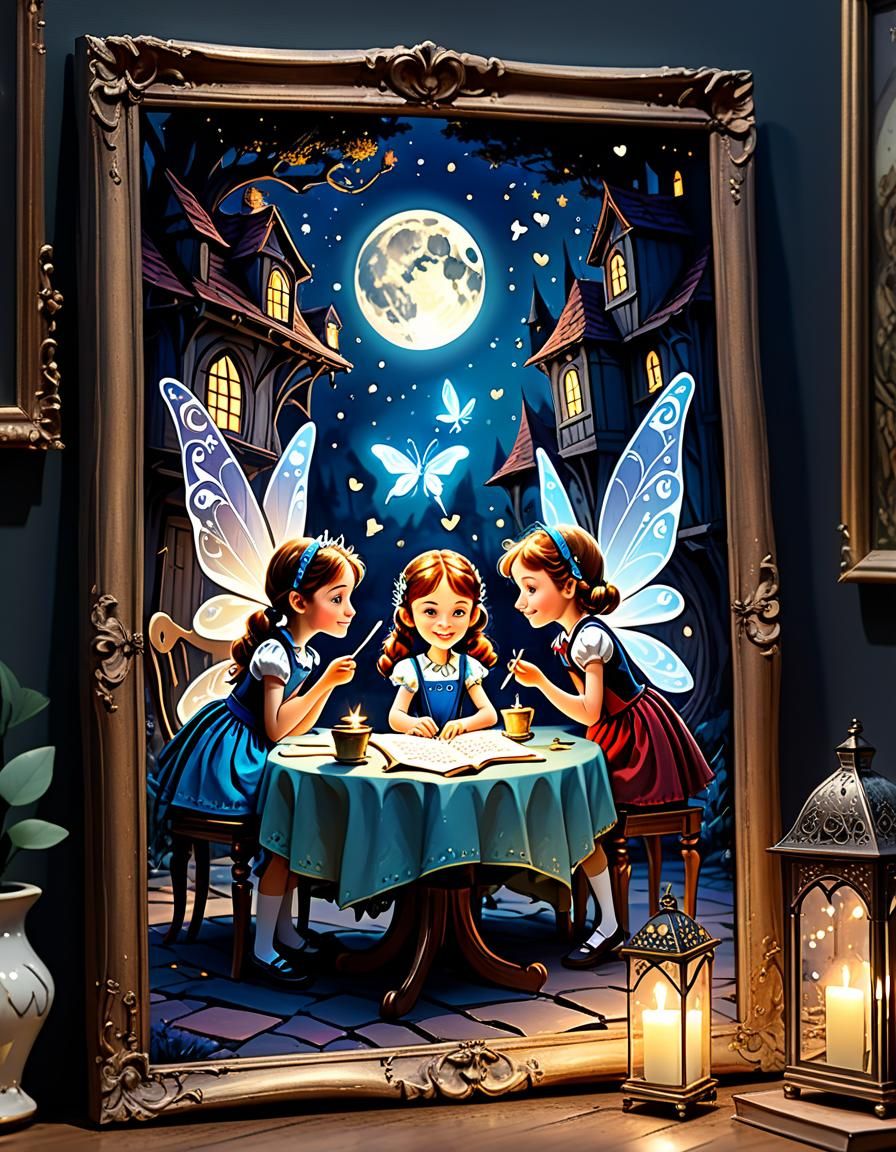 trois jolies petites fées tissant des sorts dans une maison ...