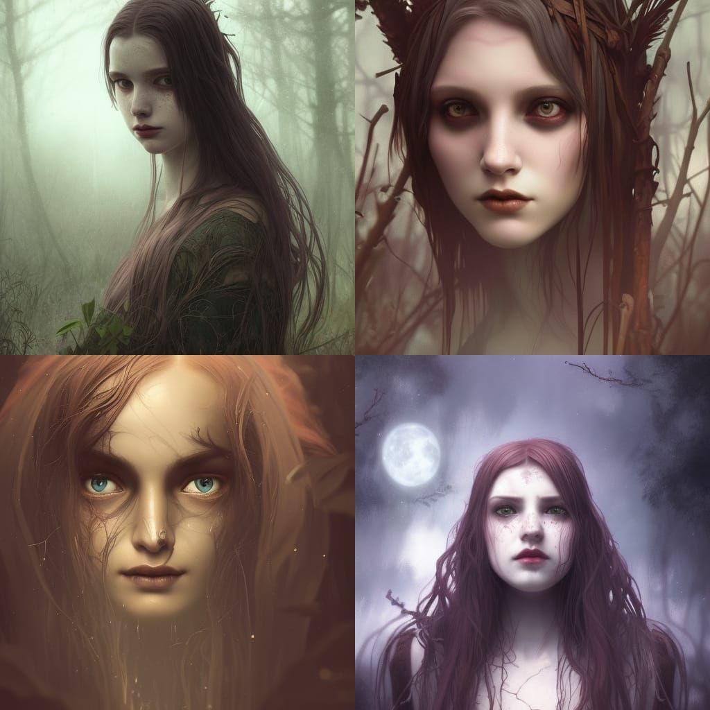 Young Gothic girl inspiring to become a bog witch and calling out to the moon like a wolf.