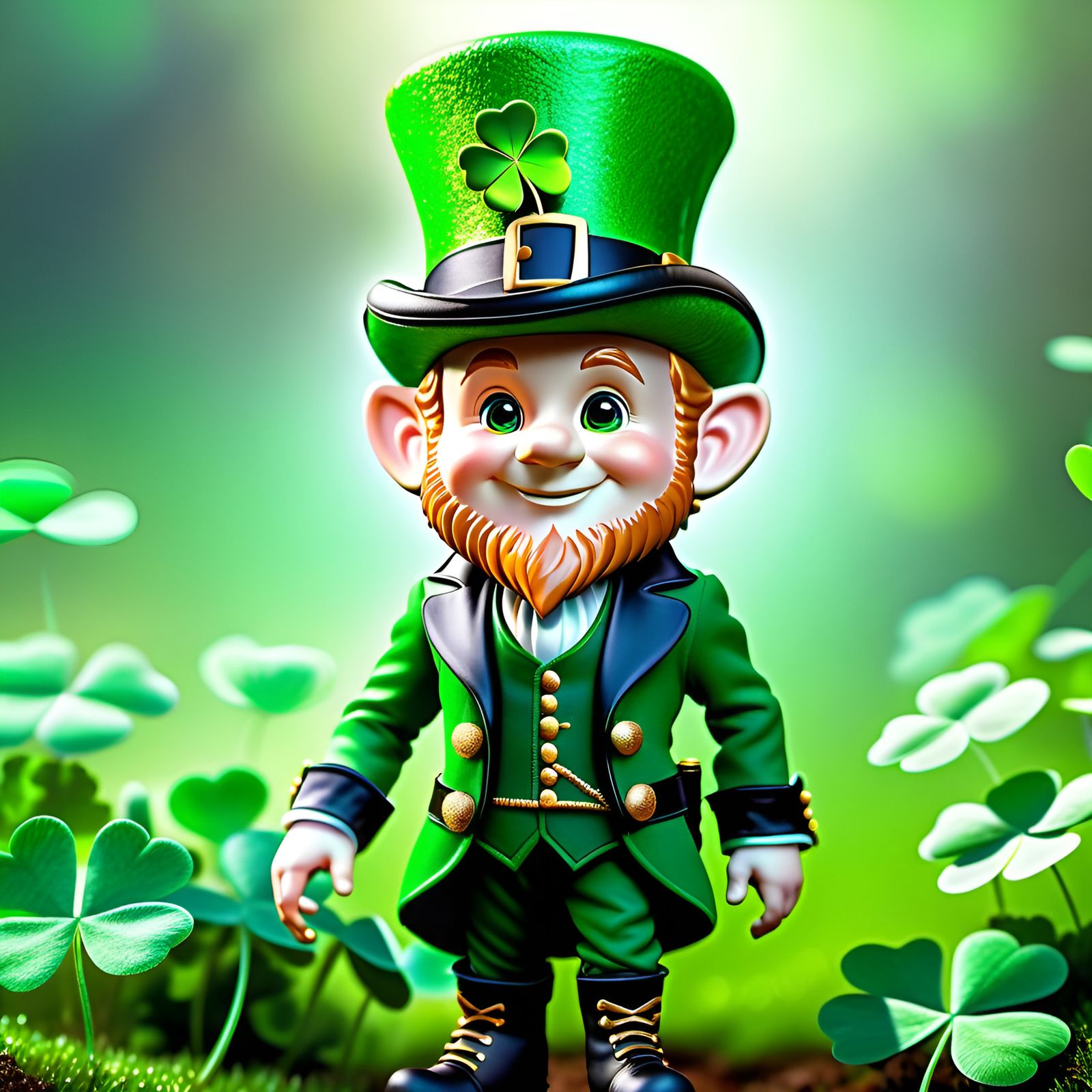 Charming Leprechaun Portrait with Clover, Hyperrealistic Pho...