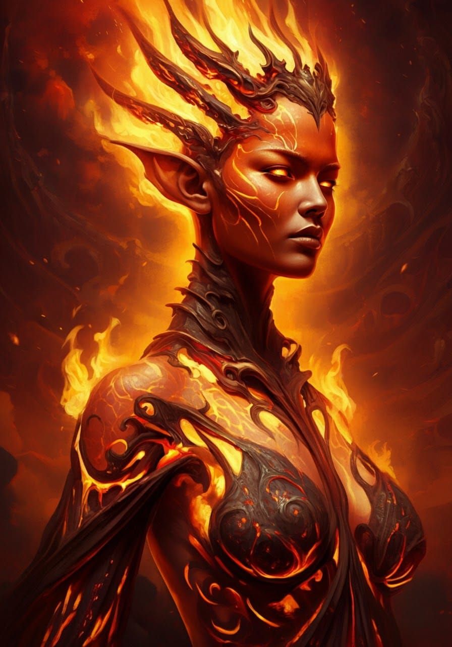 Majestic Fire Goddess in a Fiery Landscape