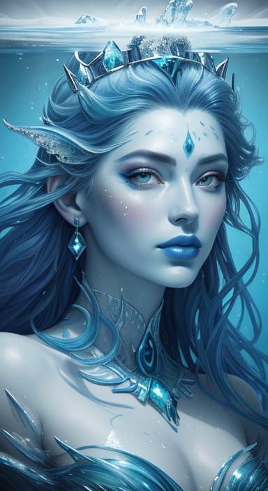 Ice Mermaid Queen in Submerged Realm: Digital Art