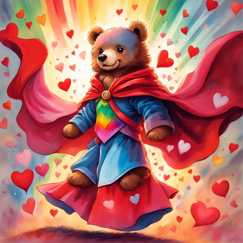 Chibi Teddy Bear Superhero in Rainbow Explosion