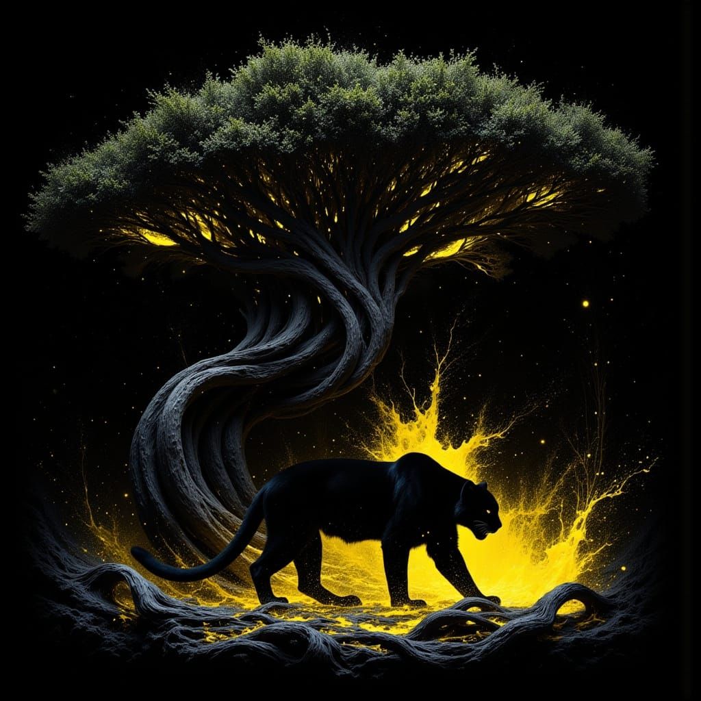 Black Cougar Under Baobab Tree in Digital Art Style
