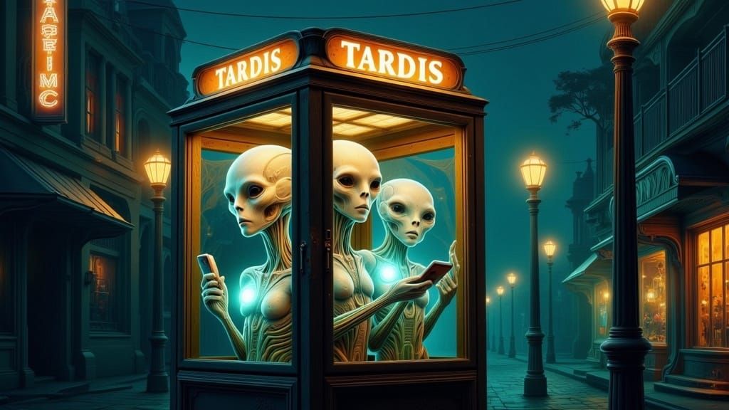 Twilight Street Scene with Aliens in Magic Surrealism Style