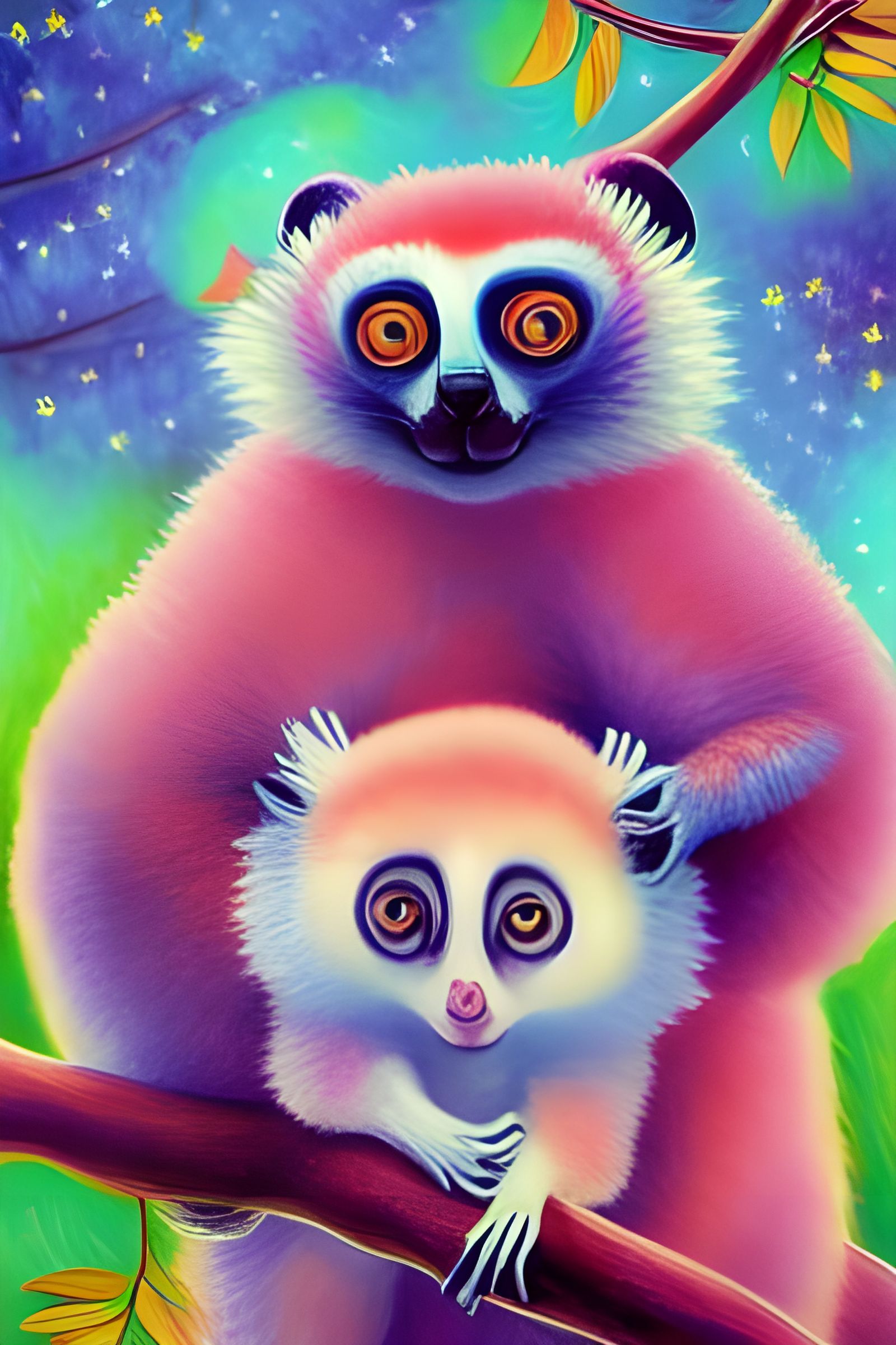 Happy Lemur Mother and Baby in Pastel Colors