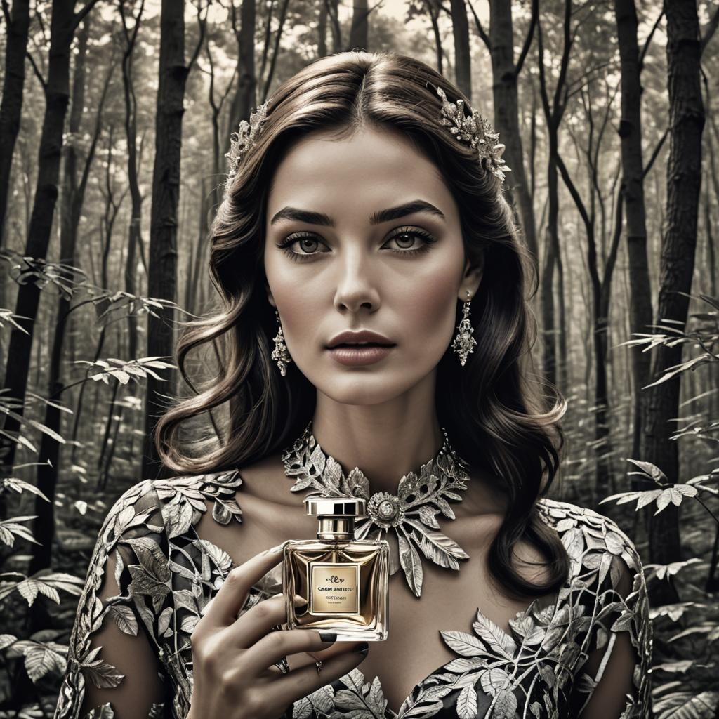 Pop Art Perfume Ad with Woman in Forest