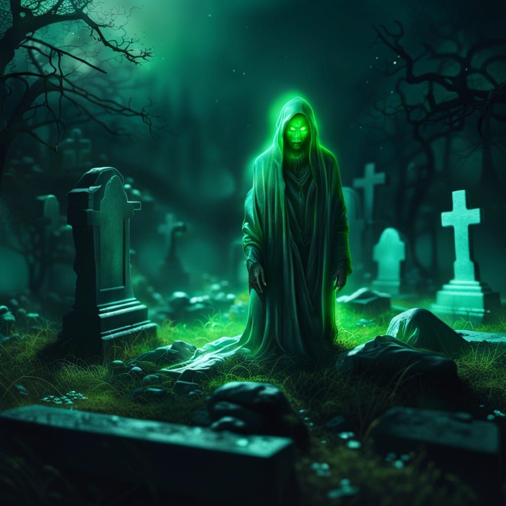 Creepy Haunted Graveyard with Glowing Ghost