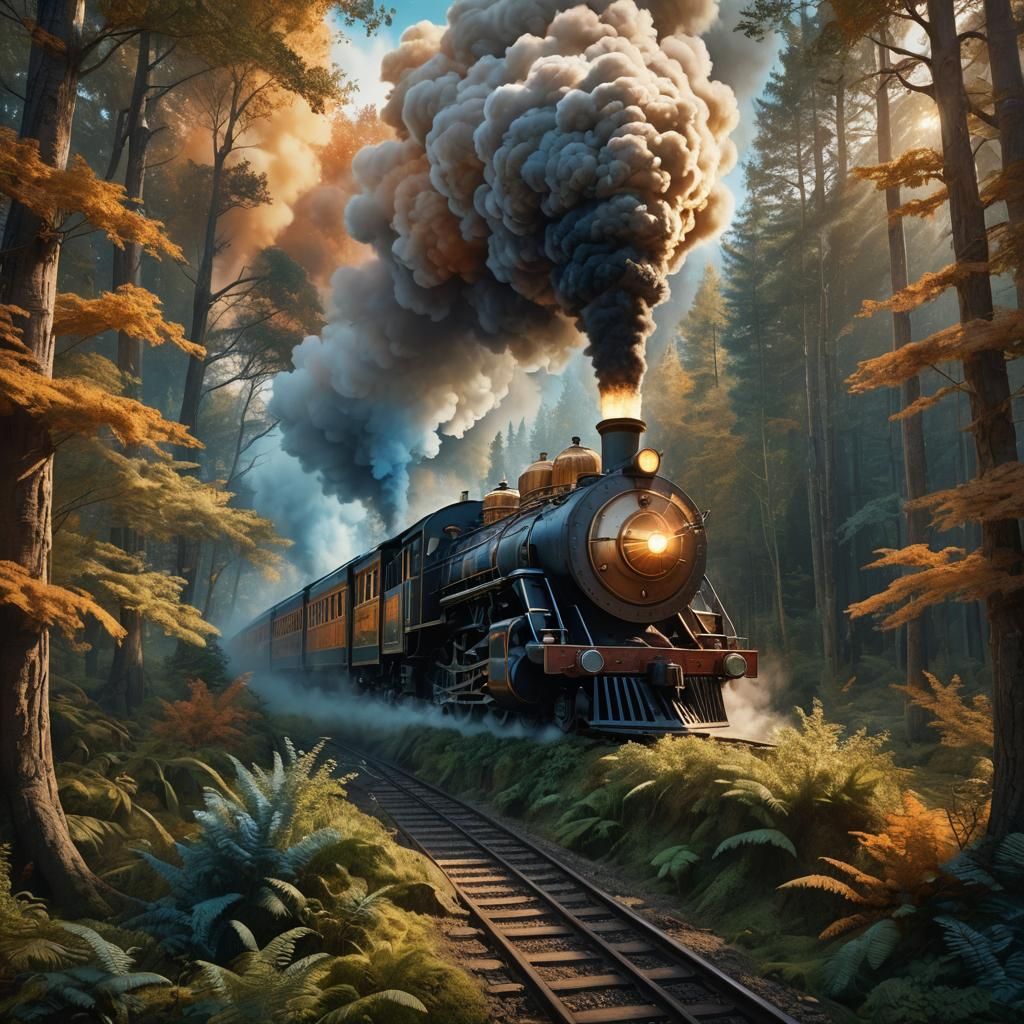 Majestic Train Speeds Through Mystical Forest