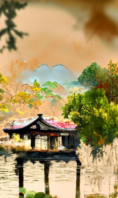 Oriental Pavilion by River in Chinese Ink Wash