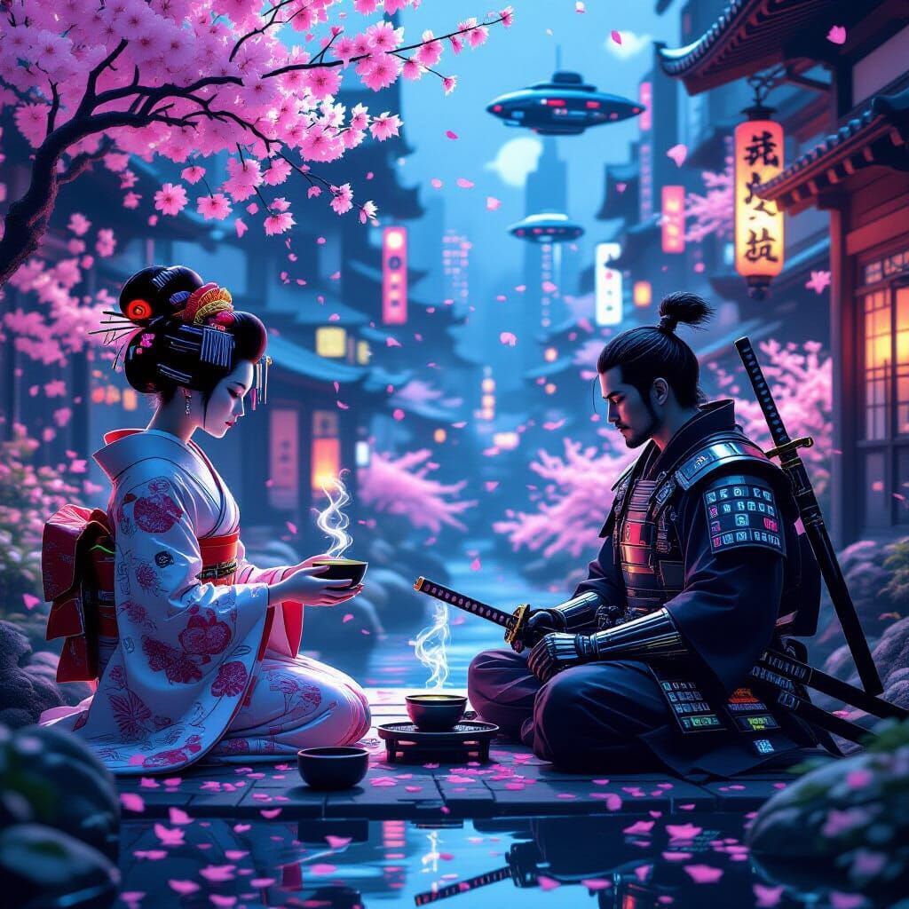Cyberpunk Tea Ceremony in Tokyo: Ukiyo-e Style