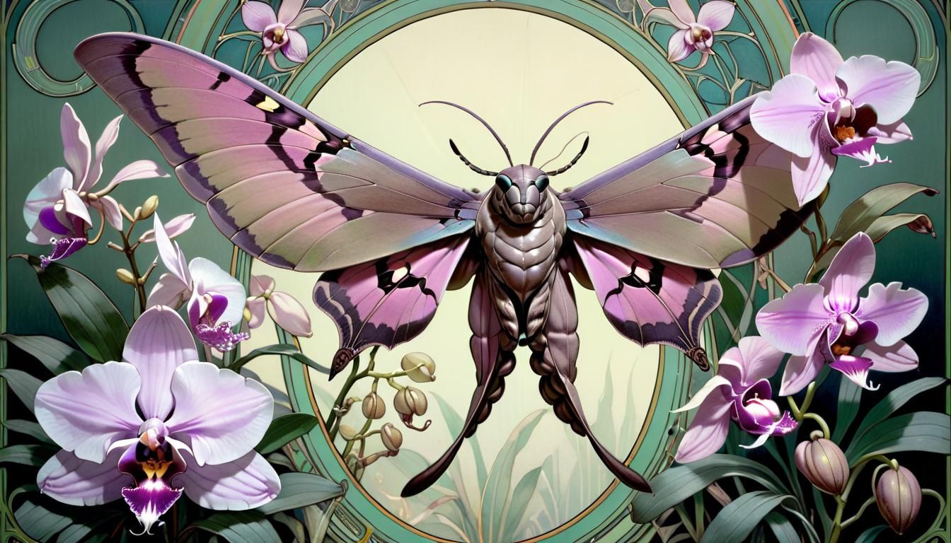 Hawk Moth Pollinating Orchids in Art Nouveau Style
