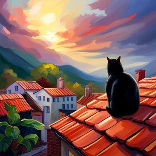 Black Cat Overlooks Sunset Village Scene