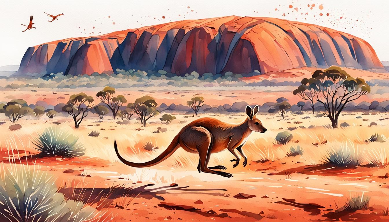 Kangaroo Leaping at Uluru: Gouache Painting