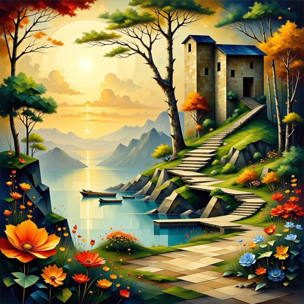 Cubist Retro Painting of Flowers and Cliffs