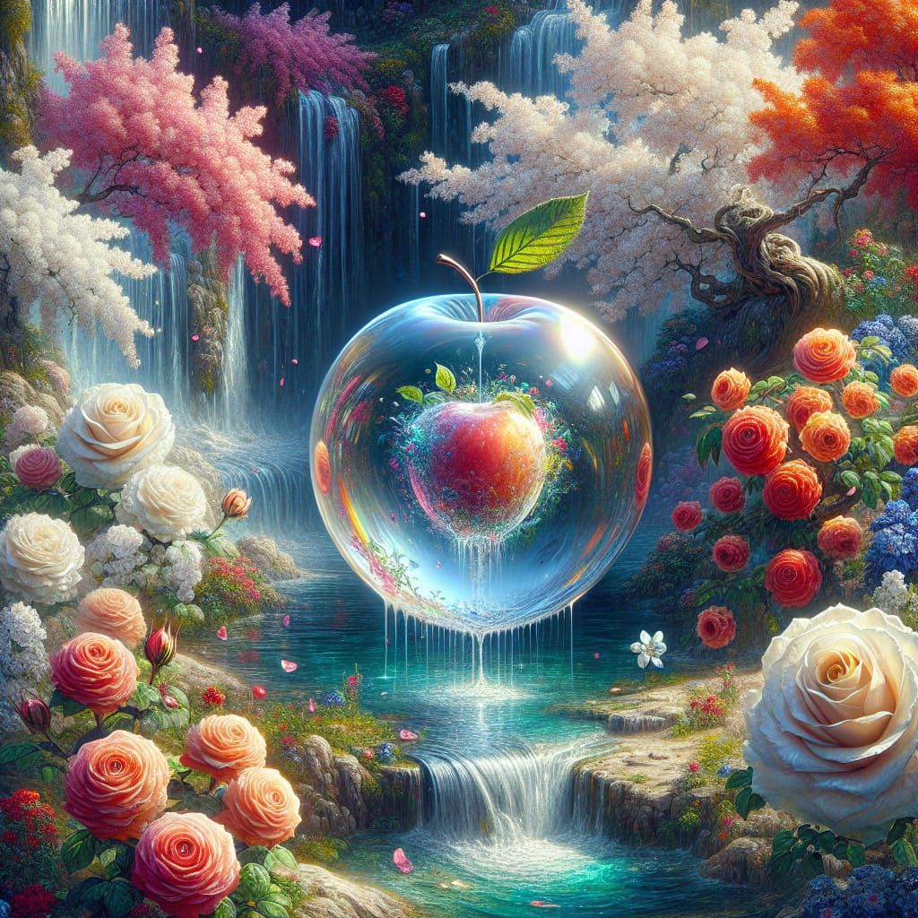 The image is of a clear glass apple with Japanese Spring, Ch...
