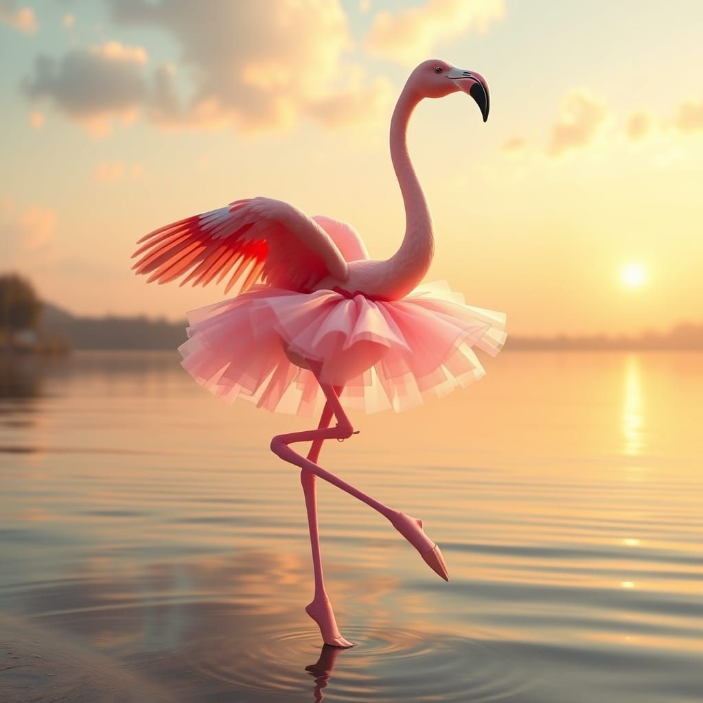 Flamingo in Pastel Pink Tutu Dances on Lake Shore at Sunset