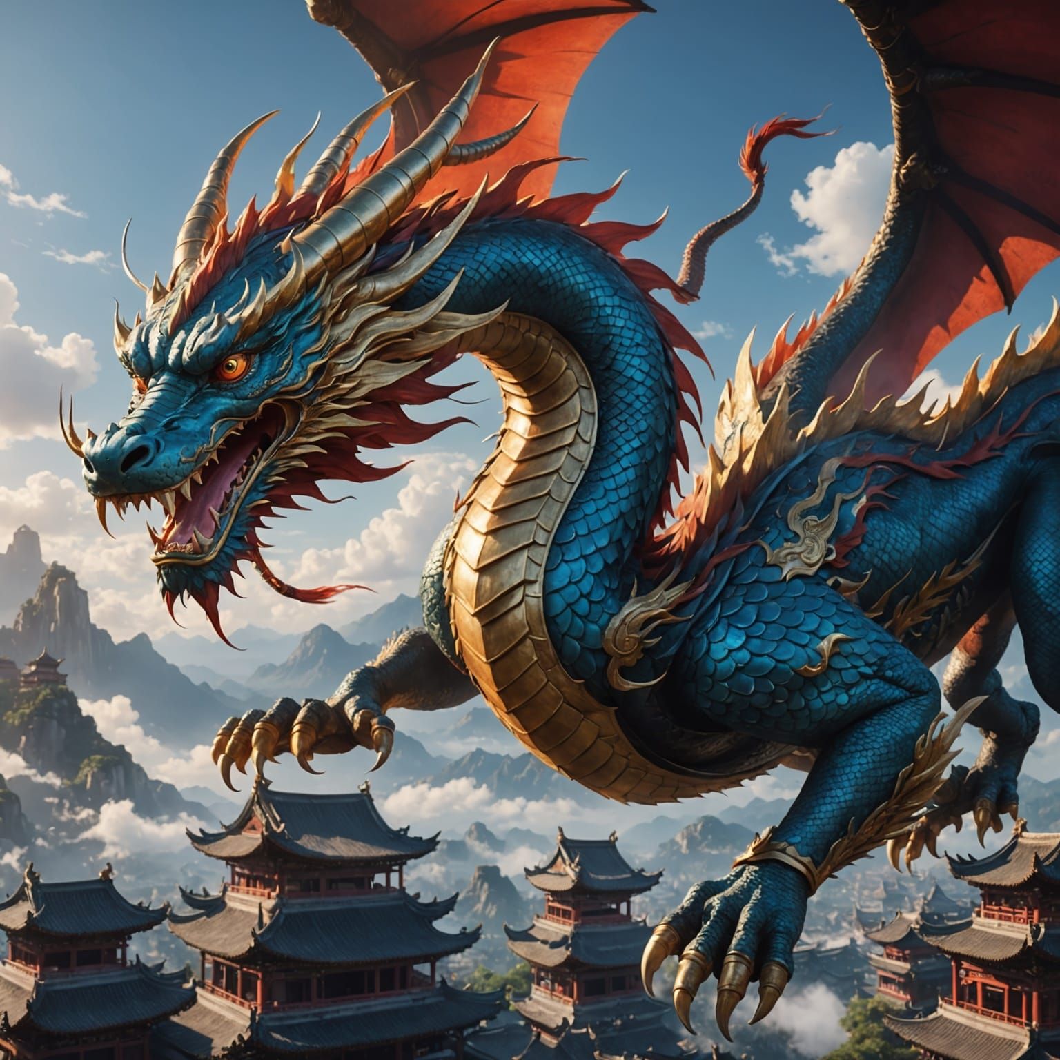 Chinese Dragon Soars Through the Sky in Anime-Style Art