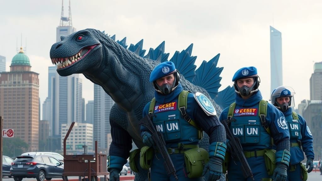 Godzilla as UN Peacekeeper in Futuristic Cityscape