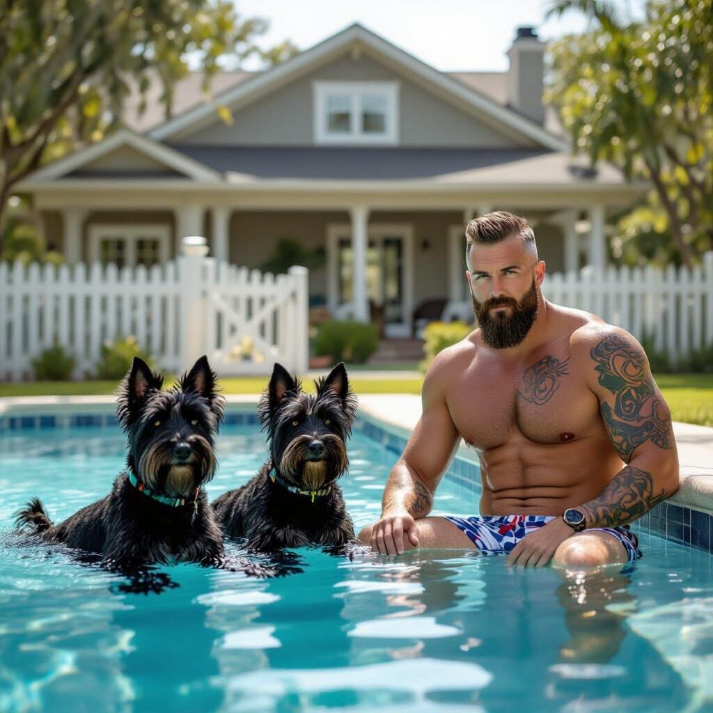 Handsome Man Lounges by Ranch House with Pool and Dogs