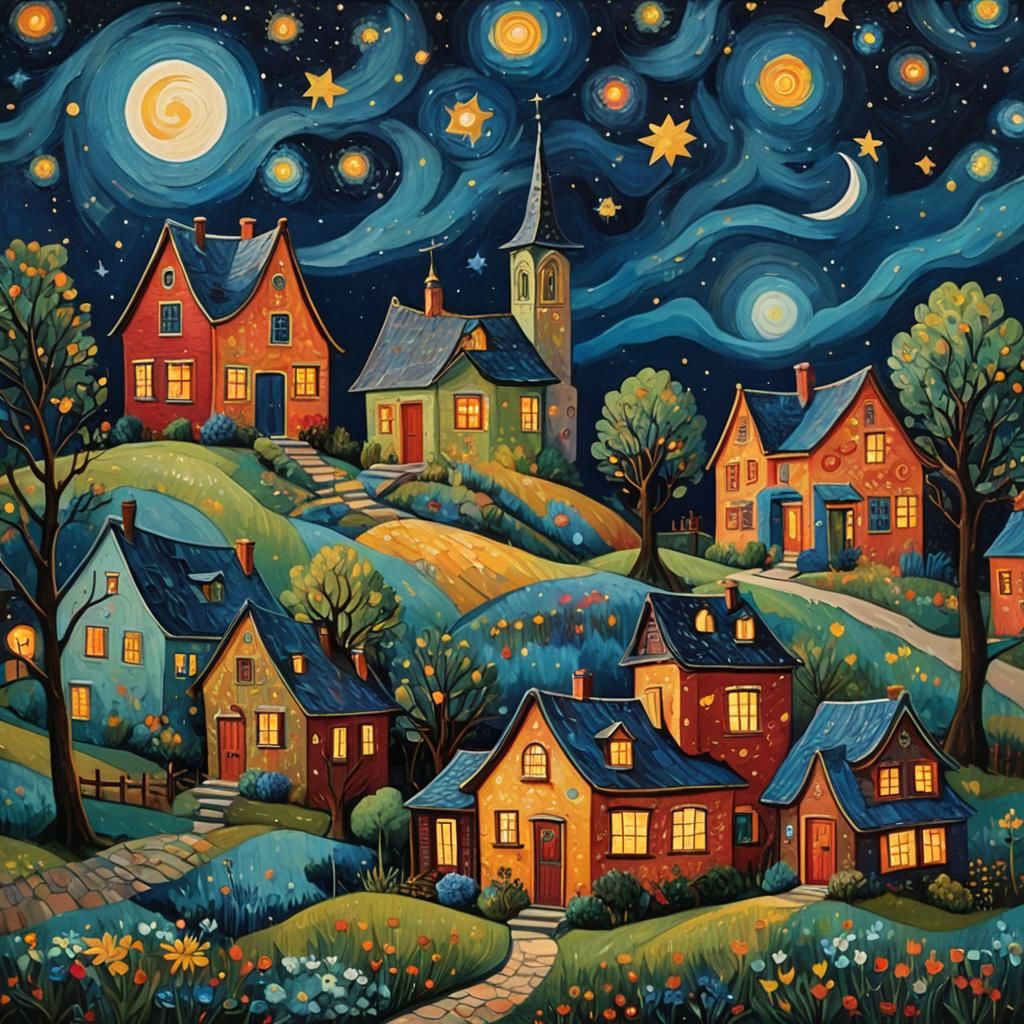 Whimsical Folk Art House Under Starry Night Sky