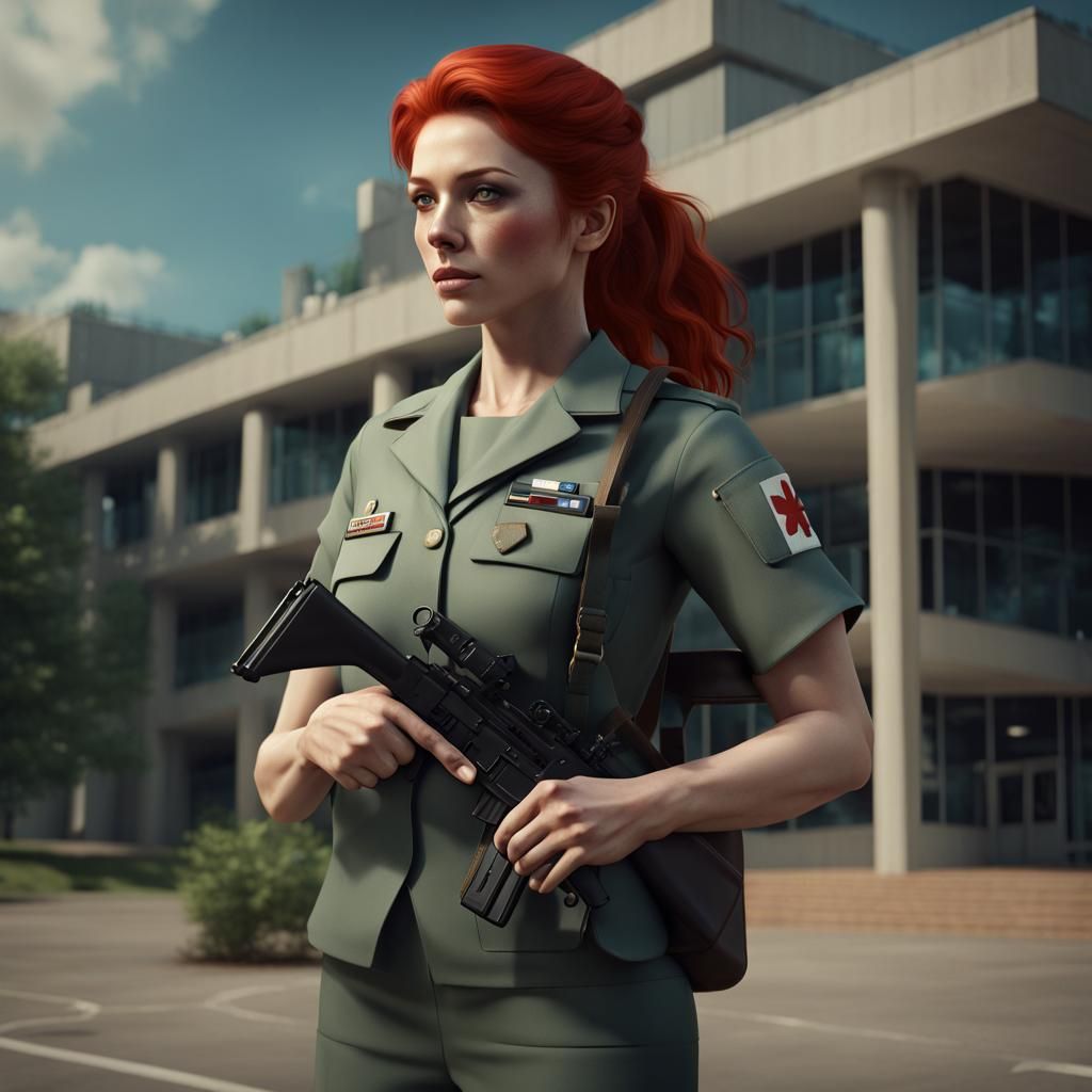 Redhead Nurse in 1970s Uniform with AR-15