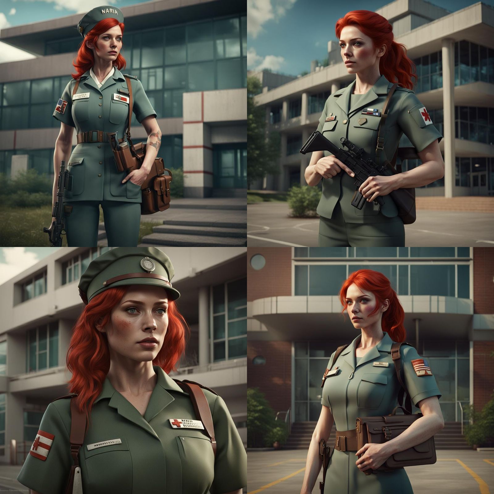 Retro Military Nurse with AR-15, Detailed Digital Art