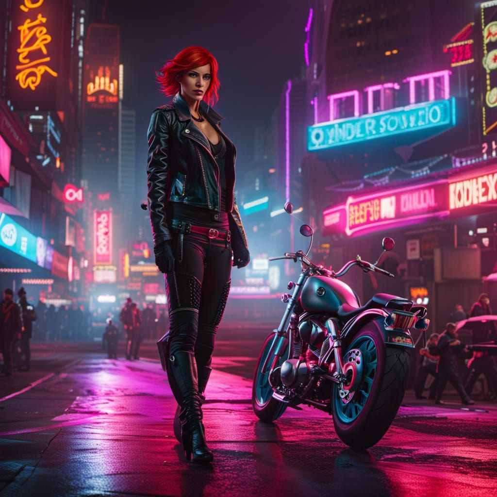 Redhead Biker Girl in Cyberpunk 2099 Neon