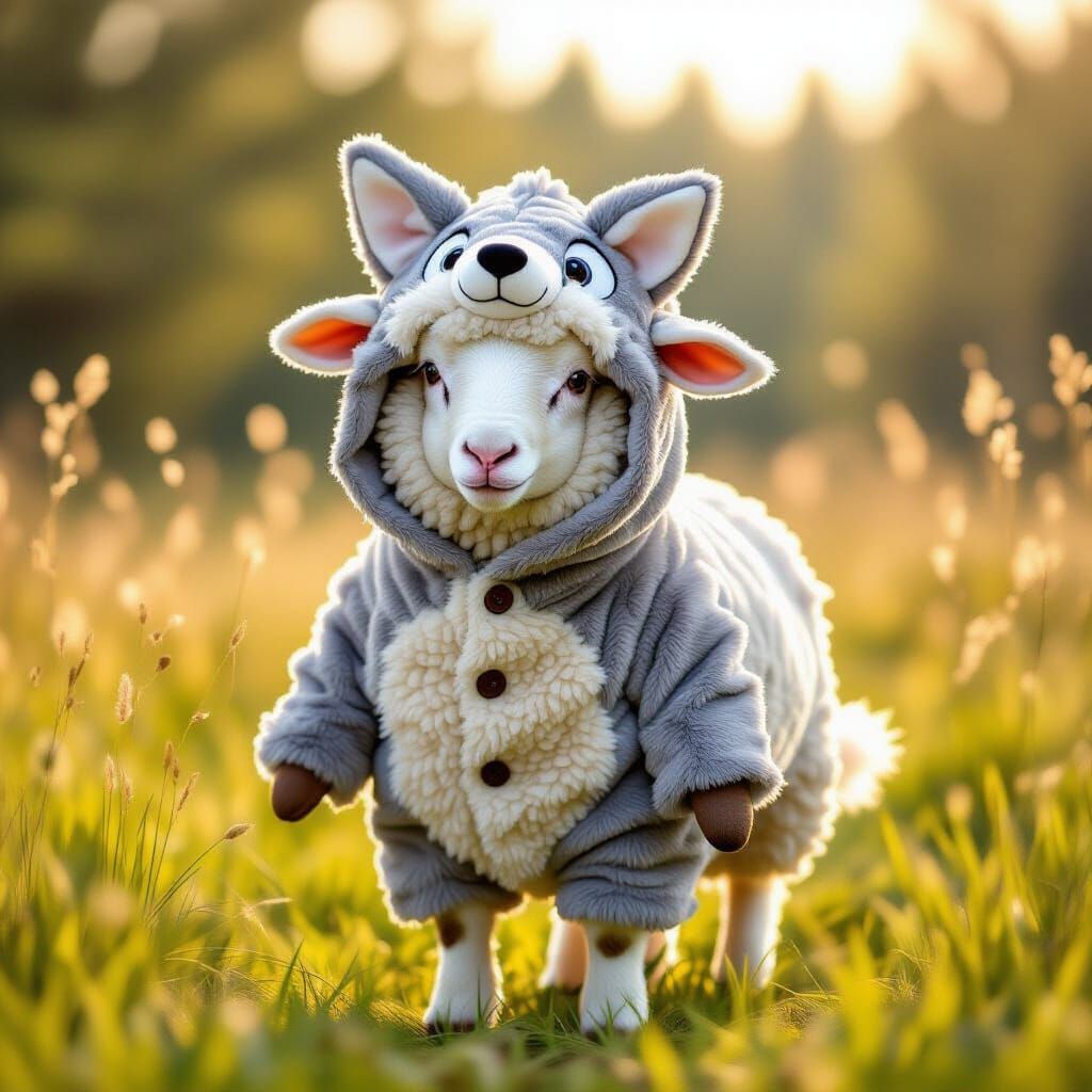 Sheep in Humorous Wolf Costume in Sunny Meadow