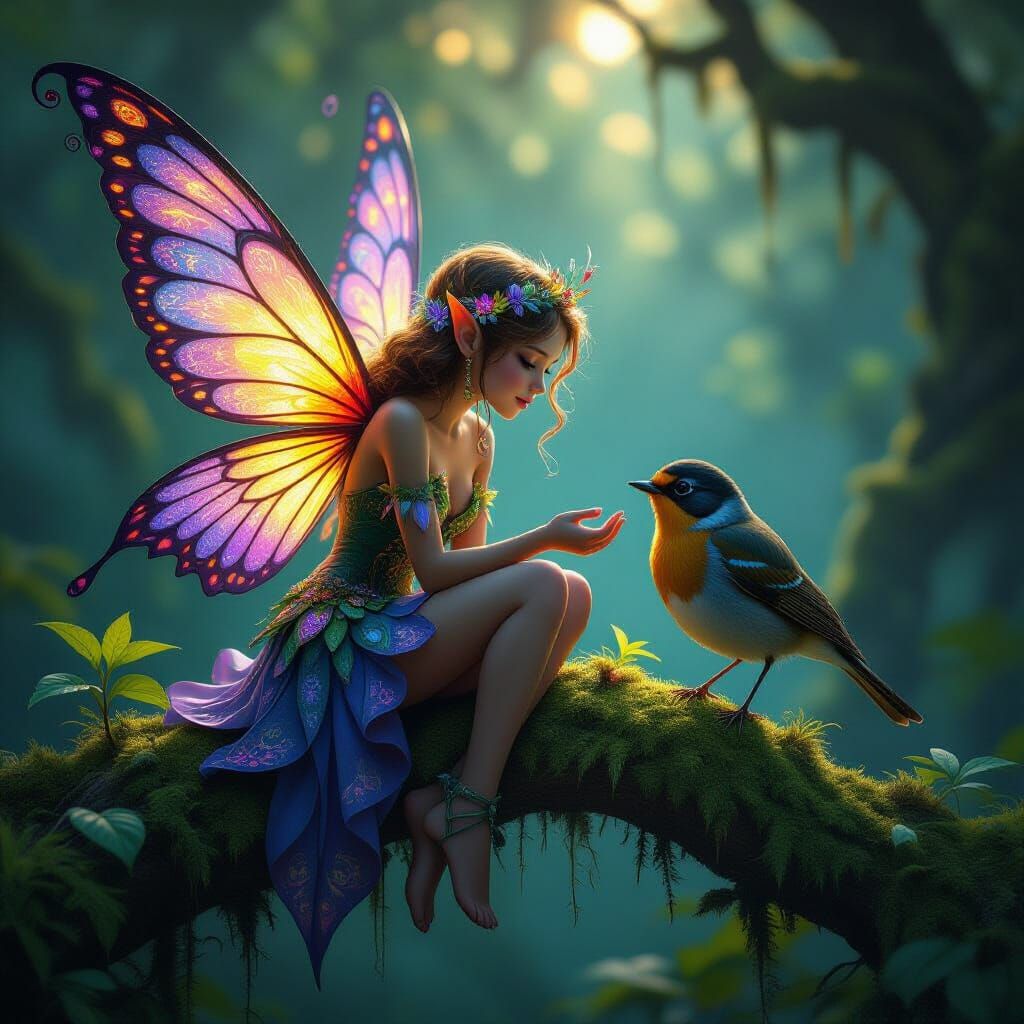Vibrant Fairy Talking to Robin in Magical Forest