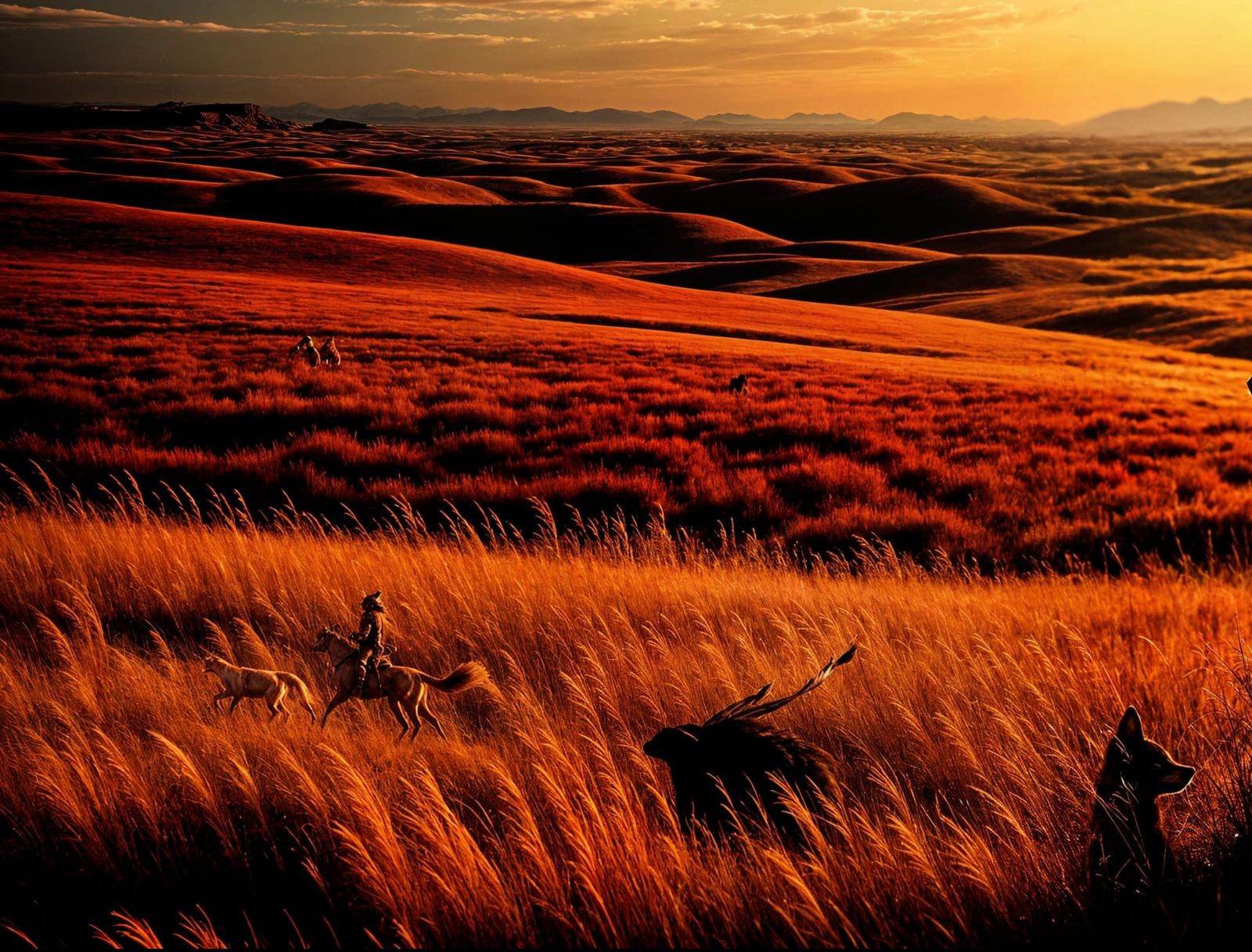 Native Warrior and Wolf Dance Under a Full Moon