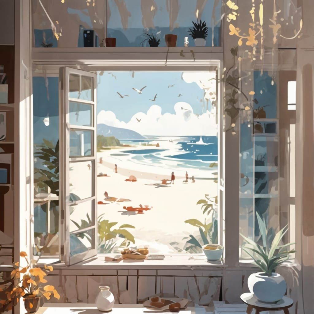 A Romantic White Sand Beach Scene in French Impressionist St...