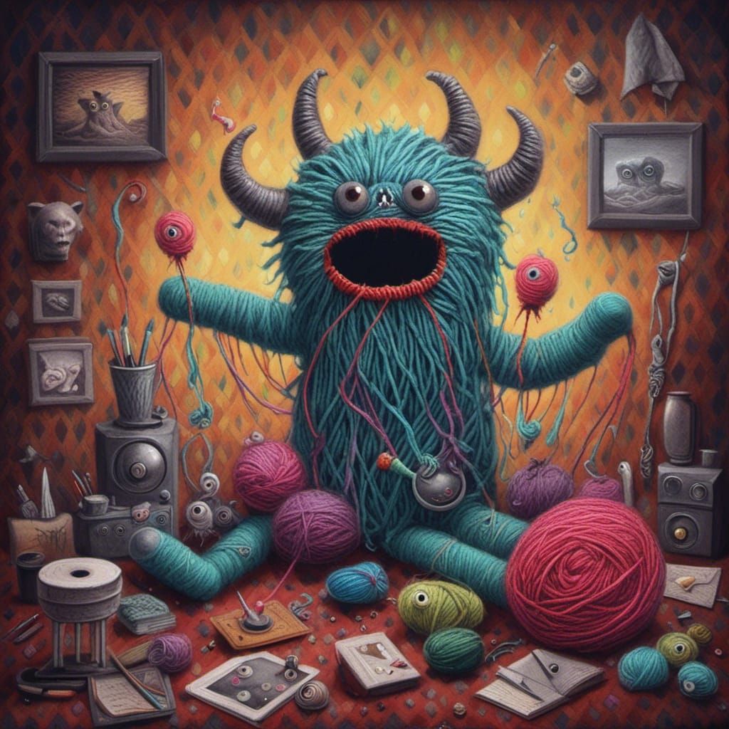 Yarn Monster Knitting Sweater in Pop Surrealism