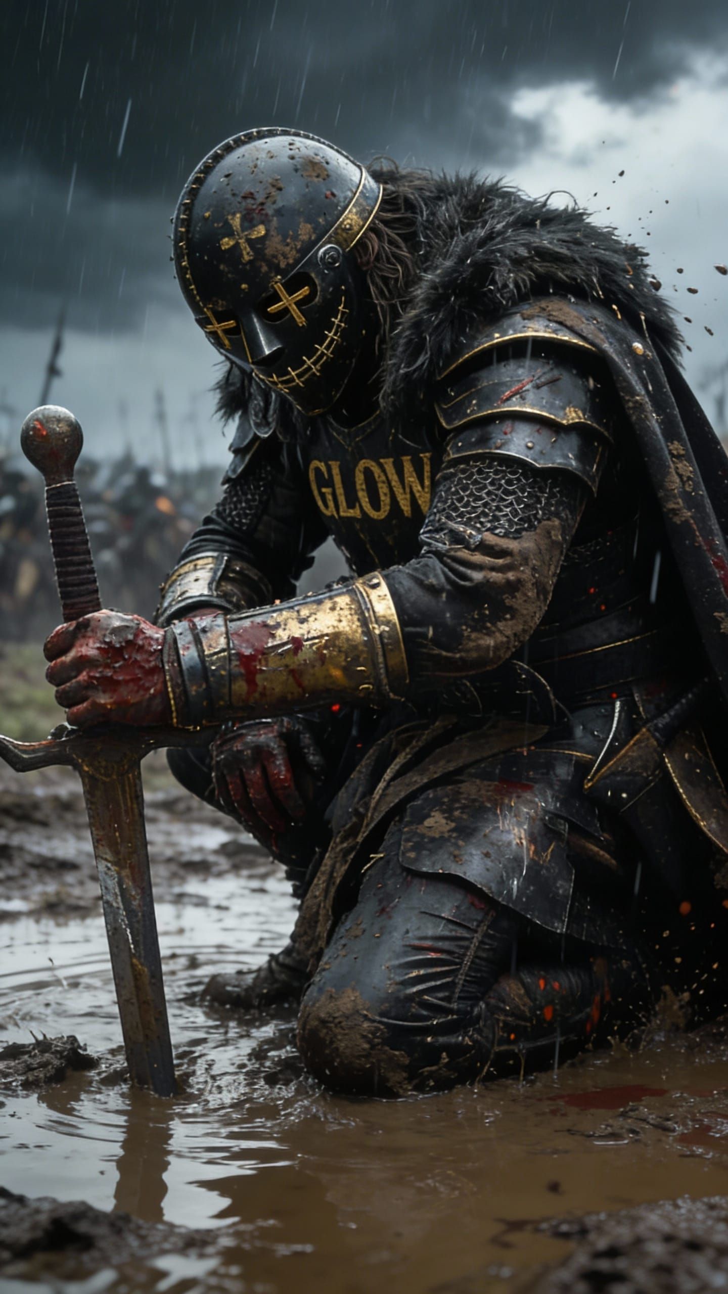 Masked Warrior GLOW Kneels in Muddy Battlefield
