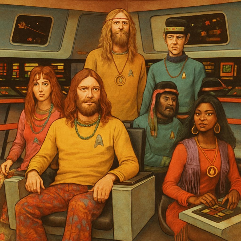 Retro Sci-Fi Starship Bridge Crew in Vintage Illustration St...