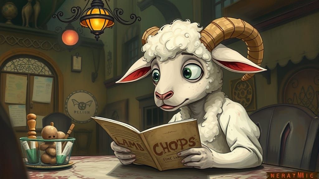 Worried Lamb at Restaurant in Miyazaki Style