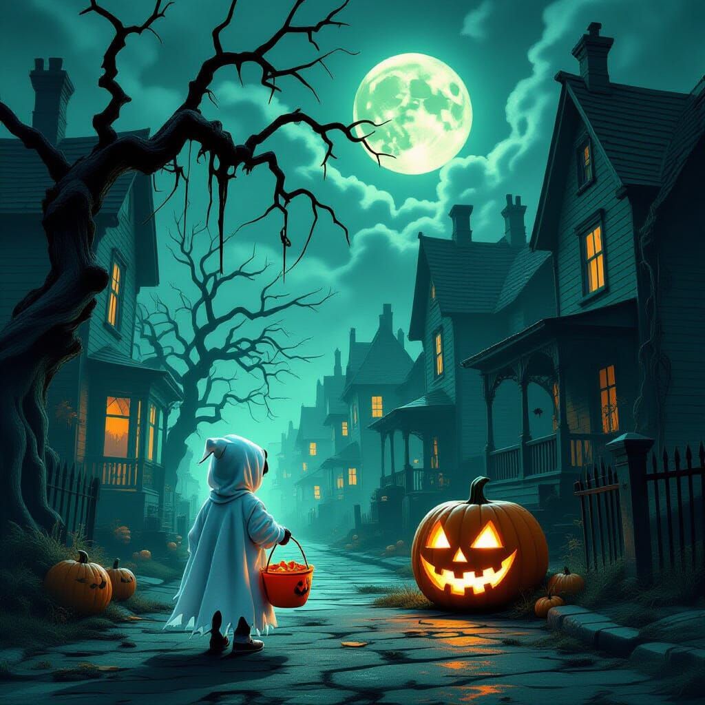 Haunted Halloween Street with Ghost Child and Jack-o'-Lanter...