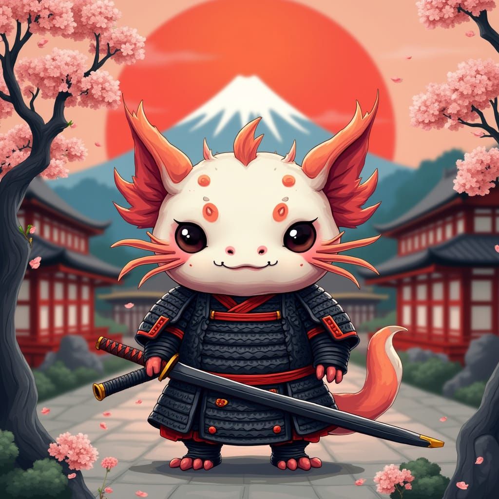 Fierce Axolotl Samurai with Mount Fuji Sunset