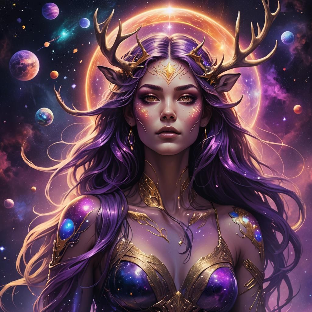 Cosmic Deer Woman in a Nebula