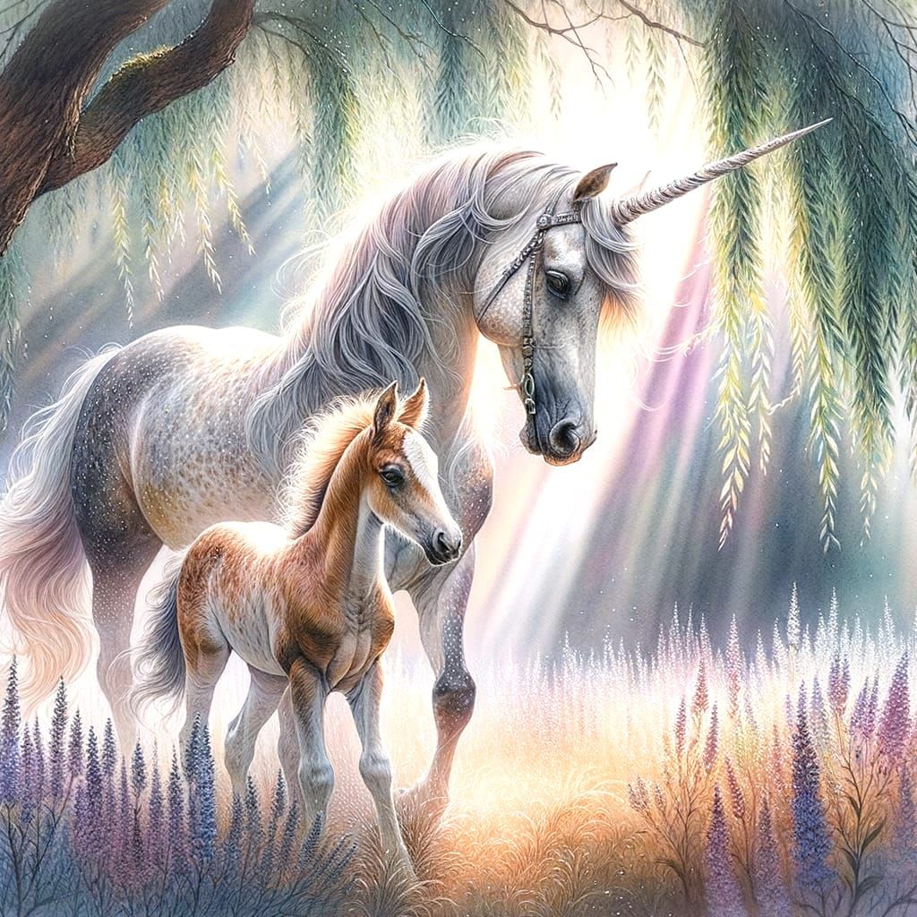 Unicorn Mare Protects Foal in Ethereal Sunlight