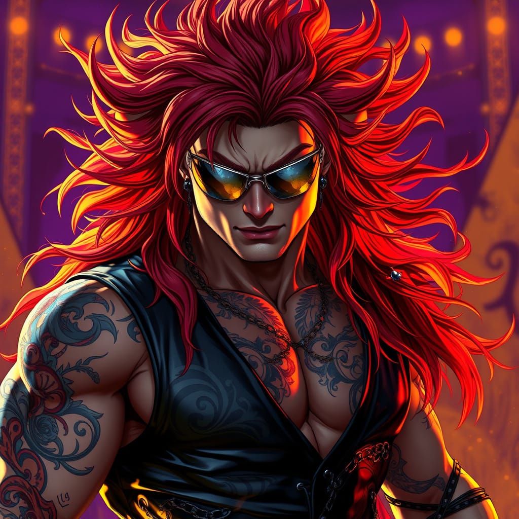 Dark Fantasy Wrestler with Wild Red Hair and Mystical Tattoo...