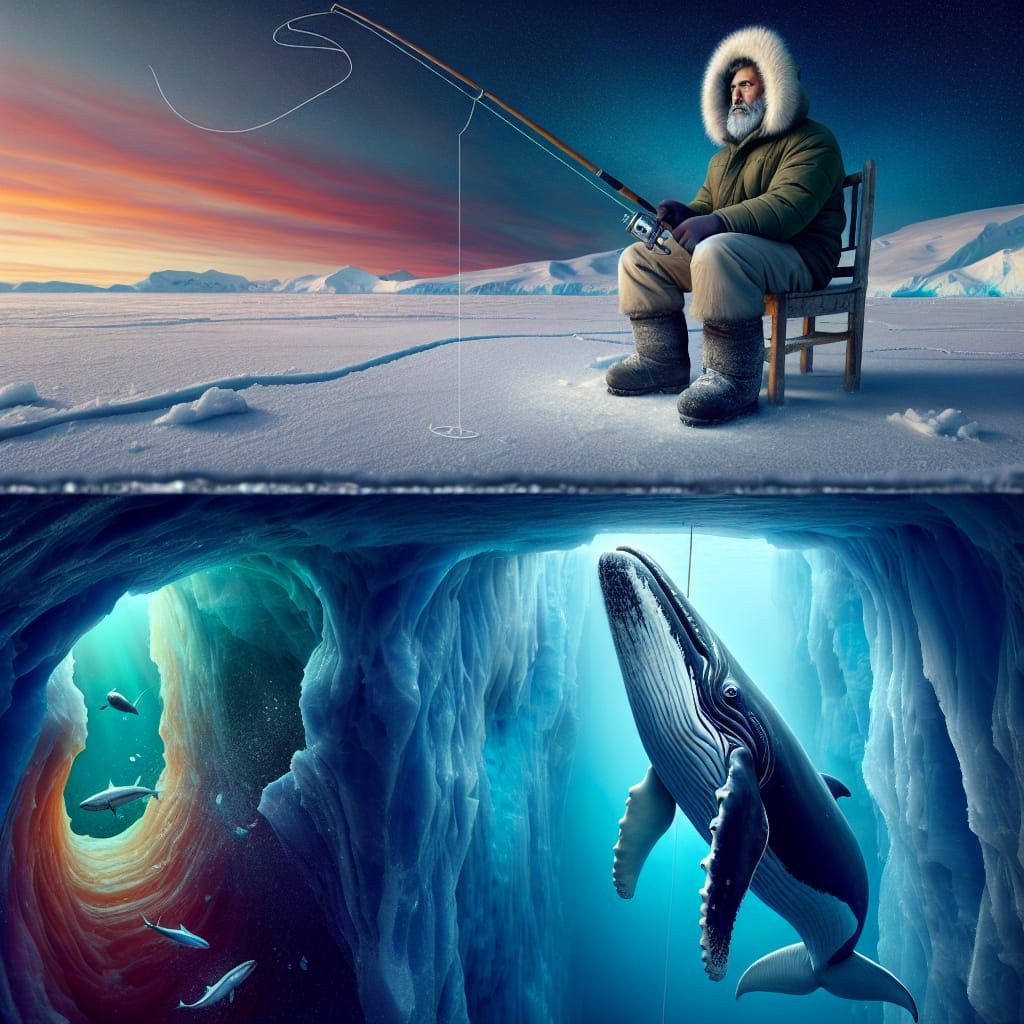 In Anarctica, an Eskimo man is sitting on a chair and has a fishing rod in his hand. The Eskimo man is on a frozen lake....