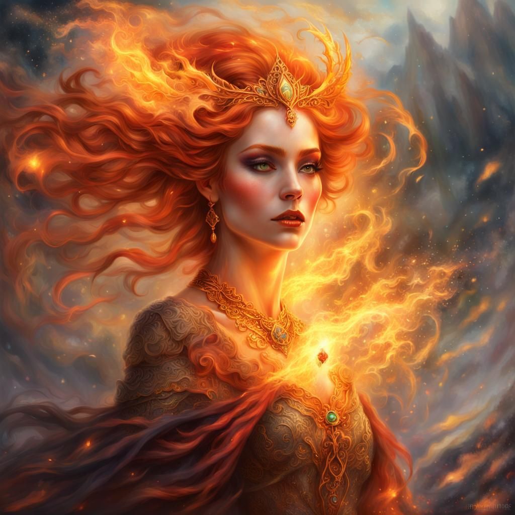 Ethereal Fantasy Elf Queen in Fiery Garb