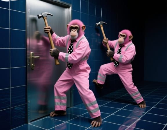 Pink Chimps in Overalls Strike Door in Surreal Fashion Photo