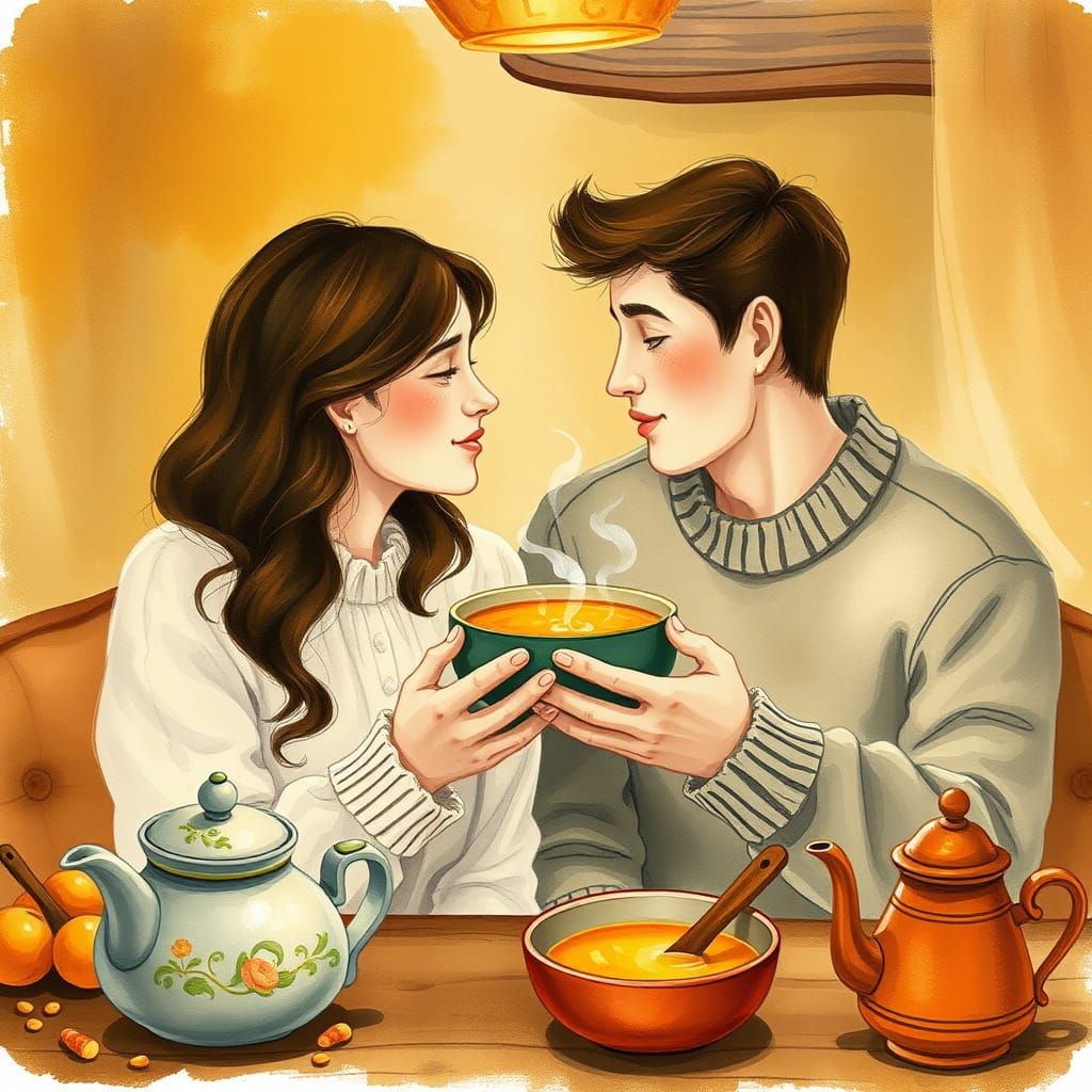 Cozy Moment of Two Friends Sharing Soup
