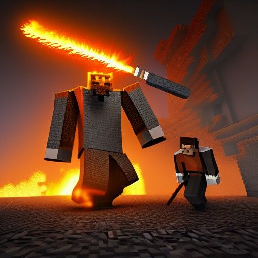 Minecraft Steve Battles Iron Golem with Flaming Sword
