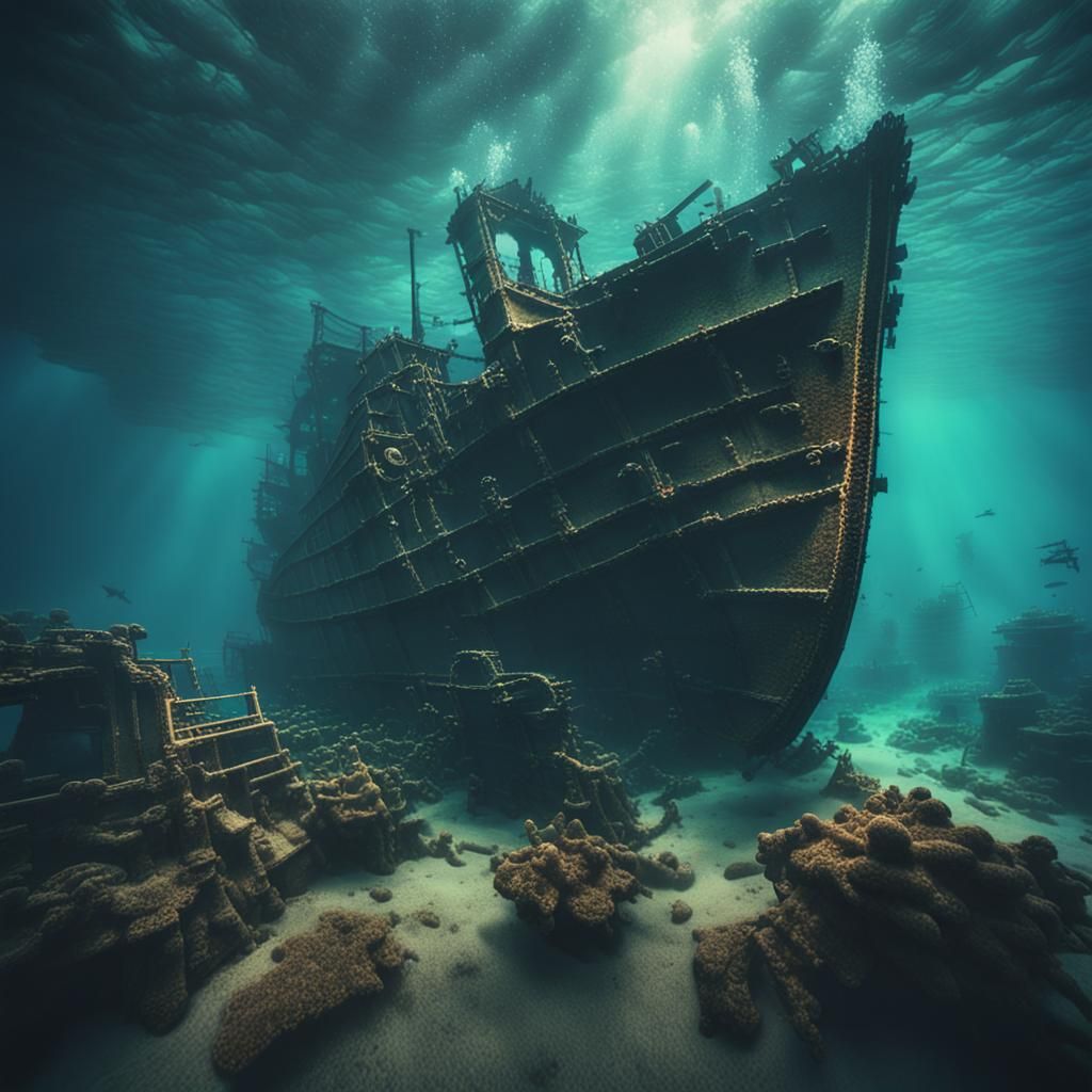 Dramatic Underwater Shipwreck Scene in Cinematic Style